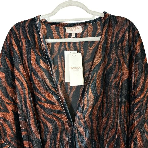ROCOCO SAND Robe Open Front Kimono Sleeves Brown Crushed Velvet Belted Sz M NWT - Picture 4 of 13